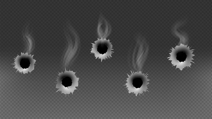 Bullet holes. Shoot gun, smoke effect or criminal illustration. Isolated on transparent background military vector elements. Gun bullet hole, metal and military torn effect from shoot - obrazy, fototapety, plakaty