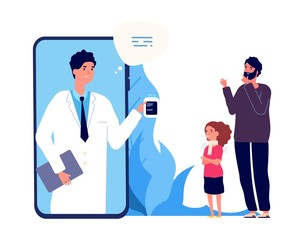 Doctor online. Sick girl, father and nurse by video link. Remote treatment, medical consultation vector illustration. Medicine online, doctor medical health, consultation smartphone
