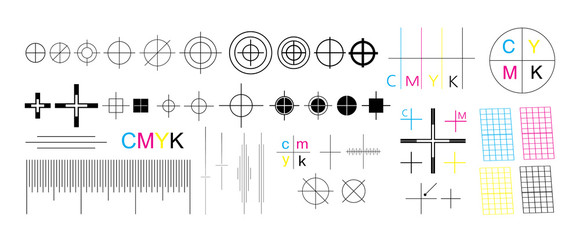 Fototapeta na wymiar Set of CMYK offset vector registration marks cross polygraphy for print and prepress.