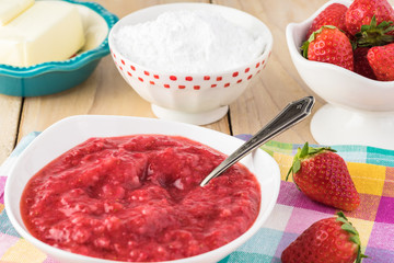 Homemade strawberry sheetcake with strawberry frosting.