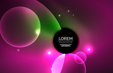 Neon shiny transparent glowing circles with light effects. Techno futuristic vector abstract background For Wallpaper, Banner, Background, Card, Book Illustration, landing page