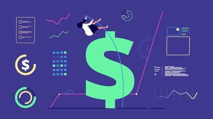 Woman financial success. Businesswoman jumps over money, business and profitable investment. Female analysis finance, career growth vector illustration. Businesswoman jumping, infographic finance