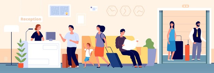Hotel reception. Check desk, recreation people with suitcase. Hostel entrance, accommodation or registration service vector illustration. Receptionist desk hotel, reception lobby service