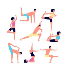 Yoga exercises. Adult exercising, fitness people. Male female stretching or pilates poses. Training for overweight, sport group vector set. Illustration yoga exercise, fitness healthy, health workout