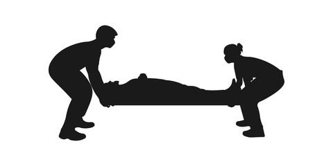 Fototapeta na wymiar Medical team staff carrying wounded patient to hospital. Coronavirus evacuation concept. First aid paramedic icon sign or symbol. Paramedics rescuing man. Heart attack. Vector silhouette illustration.