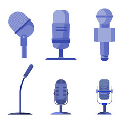 Set of blue chromatic microphone on white background. Modern microphone vector collection.