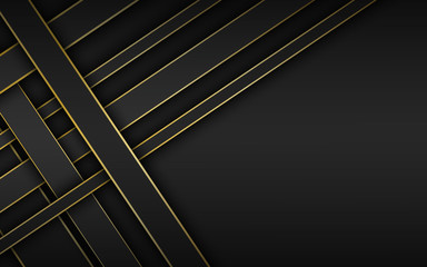 Obraz premium Black and gold overlapped stripes, geometric material background, dark abstract corporate design with place for your text, modern vector illustration