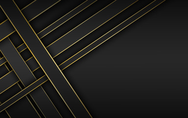 Black and gold overlapped stripes, geometric material background, dark abstract corporate design with place for your text, modern vector illustration