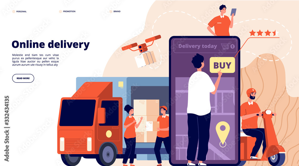 Sticker Online delivery. Ecommerce promote, fast service supply. Courier on bike, smart logistic truck. Male internet shopping vector landing page. Ecommerce delivery courier with box on bike illustration