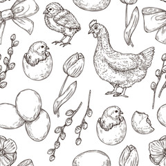 Chicken pattern. Hand drawn art bird. Spring easter background. Graphic eggs, tulips and rooster, prints for package vector seamless texture. Spring chicken and egg, tulip and easter illustration