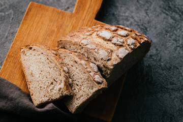 Fresh baked brow bread. Angle view