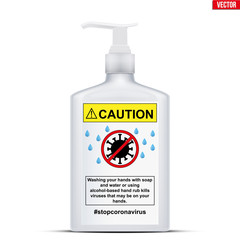 Sanitizer bottle with soap and attention label. Disinfectant Bottle with pump. Safety in an epidemic and pandemic. Vector Illustration isolated on white background.