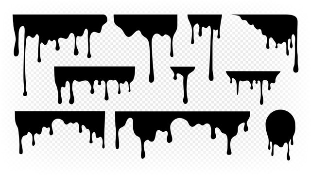 Dripping ink. Melting paint, liquid drops black oil. Isolated splashes, graffiti elements. Spray stream or flow trickle vector set. Dripping melting, spatter graffiti illustration