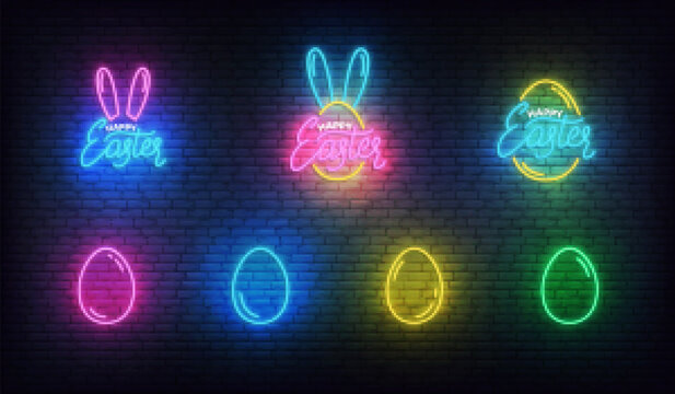 Easter neon. Glowing neon labels and eggs for Easter