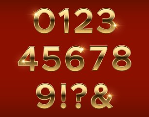 Golden numbers. Gold 3d figures, stylish celebrating font. Anniversary metal elements vector set. Golden number metallic, typeset numeral glossy illustration