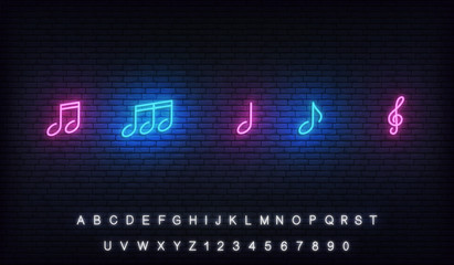 Music notes neon template. Musical notes glowing sign © Stock Vector One