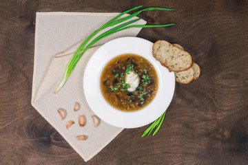 Mushroom soup with wild mushrooms, vegetables, green onions, garlic and homemade sour cream....