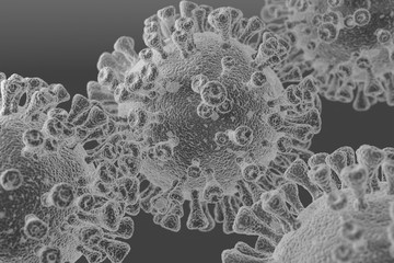 Close-up of parasitic viral cells under a microscope in a specialized laboratory on a gray background black and white image