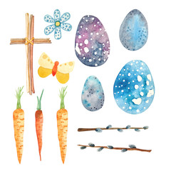 Watercolor set with Easter elements isolated on a white background.Spring elements for a crusty decor, a cross of twigs, a flower and a butterfly, willow branches, eggs, carrots.