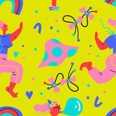 Seamless vector pattern сoncept of summer vacation trip,  summer time decorative design elements.  Flat cartoon colorful vector illustration.