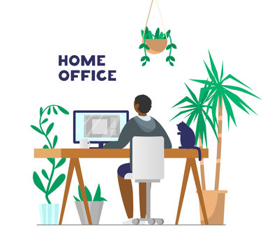 Afro American Man Working At Computer From Home. Home Office With Plants And Cat. Flat Vector Illustration.