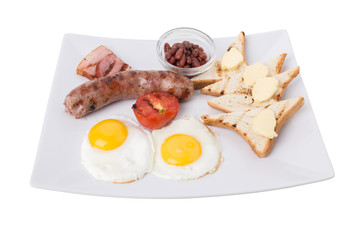 English breakfast with the sausage and bacon.