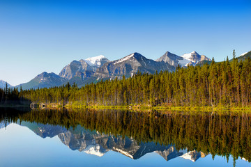 Scenic mountain lake and forest, reflection in water, high mountains Canada