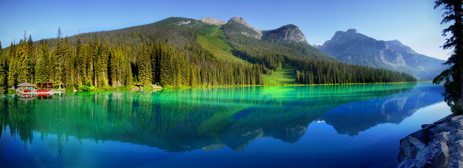 Beautiful Emerald lake in the mountains scenic panorama morning view, Canada