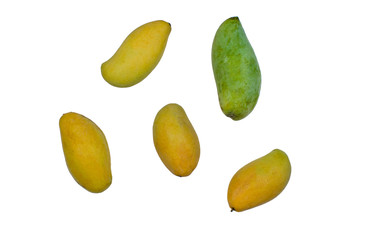 Isolated exotic asia fruit on white background. Tropical summer fruits. Yellow and green mango. Top view fresh fruits flat lay.