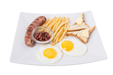 Breakfast with the sausage and french fries.