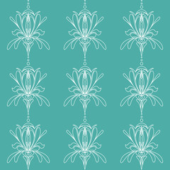 Stylized iris flower. Linear vector  seamless pattern.