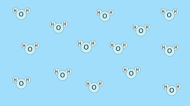 Funny water blue background with dancing motion of water formula molecules. Copy space. Animation.