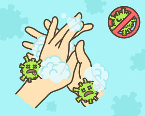 Clean hands thoroughly To kill the virus. Hands used to touch will contaminate the virus. The Corona virus concept.
