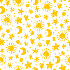 Space Vector Seamless pattern. Doodle Cosmic Space: Sun, Moon (Crescent), Stars and Hearts. Cosmos Background. Cartoon Galaxy.