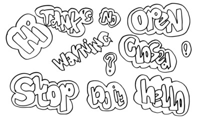 Hand drawn set of speech bubbles with dialog words: thank's,no.open,closed,stop,do it,warning,hello. Hi. Vector illustration.