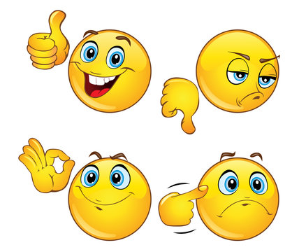Set of beautiful emoticons with hand gestures. Emoji icons. Positive and negative emotions. 3d vector illustration