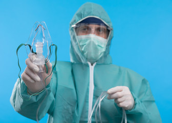 medicine doctor with oxyge mask covid, Concept of Covid-19, Medical equipment oxygen breathing mask
