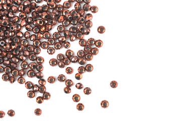 close up multi colored beads heap isolated on white