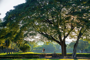 Female tourists riding bicycles to see the ancient city in Sukhothai Historical Park, Thailand, 16/09/2019.