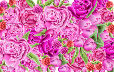 Watercolor raspberry and bright pink roses composition with green leaves