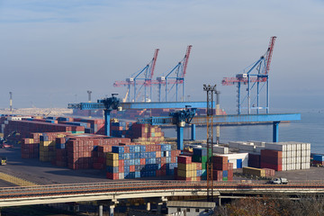 Cargo port cranes. Foggy. Odessa.