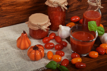 fresh tomato juice with basil in a glass