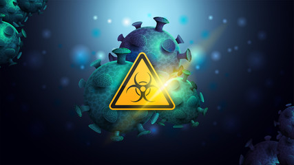Dark and blue background template with coronavirus molecules and yellow biological hazard warning sign. Coronavirus 2019-nCoV. Coronavirus outbreak and coronaviruses influenza background.