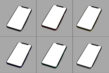 Realistic smartphone mockup. Cellphone frame with blank display, different angles and colors views. 3D.