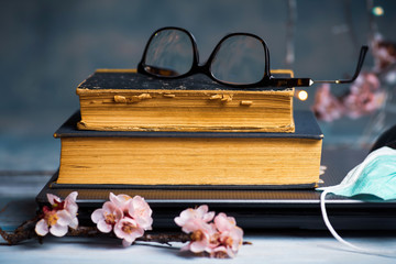 Spending time indoors essentials of book and face mask