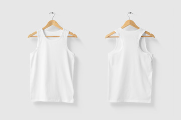 Blank White Tank Top Shirt Mock-up on wooden hanger, front and rear side view. High resolution.