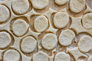 Fototapeta na wymiar Cut circles for dumplings, texture from the dough.