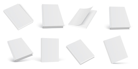 Set of 3d mock up open and closed books on white background. Vector.