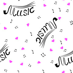 Vector graphics. Seamless pattern. White background, pink hearts, notes and the word "music" in black.