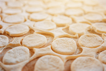 Rolled dough with sliced circles for dumplings, texture.